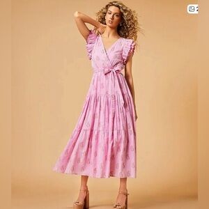 NWT A LOVES A XS Maxi Dress Pink Floral Metallic Striped Print Surplice V Neck